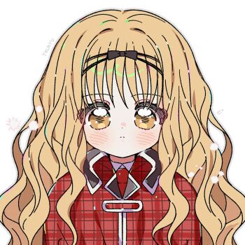 Rule 34 | 1girl, artist name, blonde hair, blush, capelet, closed mouth, commentary, highres, long hair, looking at viewer, mashiro rima, red capelet, school uniform, shugo chara!, simple background, solo, symbol-only commentary, upper body, wavy hair, white background, yalmyu, yellow eyes