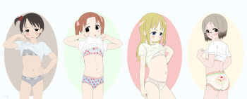 4girls absurdres ana_coppola black_hair blonde_hair bloomers blush bra brown_hair calvin_klein clothes_lift commentary cowboy_shot embarrassed english_commentary flatculture from_behind glasses grey_hair hair_ornament highres ichigo_mashimaro itou_chika lace lifting_own_clothes loli looking_at_viewer matsuoka_miu multiple_girls panties sakuragi_matsuri shirt shirt_lift simple_background standing tongue tongue_out training_bra underwear white_shirt