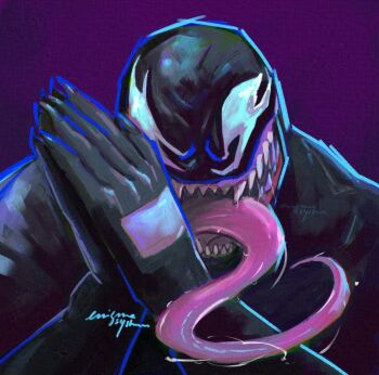 1boy artist_name commentary derivative_work english_commentary enigma_system fangs long_tongue looking_at_viewer marvel marvel_rivals meme own_hands_together signature symbiote tongue tongue_out venom_(marvel) zesty_sonic_(meme)