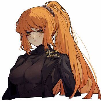 09wave_hb 1girl black_bodysuit black_coat bodysuit coat freckles green_eyes hair_tie high_ponytail ishmael_(project_moon) jeong&#039;s_office_(identity)_(project_moon) lapels limbus_company long_hair looking_at_viewer notched_lapels orange_hair ponytail project_moon rope sidelocks solo very_long_hair white_background