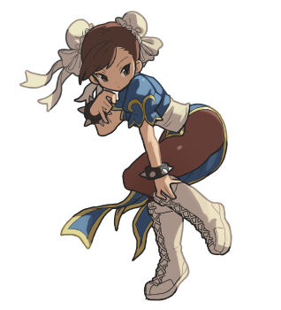 1girl absurdres ass boots bracelet brown_eyes brown_hair bun_cover capcom china_dress chinese_clothes chun-li double_bun dress hair_bun highres jewelry pantyhose pelvic_curtain puffy_short_sleeves puffy_sleeves sach56000 sash short_sleeves solo spiked_bracelet spikes street_fighter street_fighter_ii_(series) thighs white_background white_boots white_sash