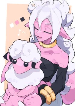 1girl android_21 animal bare_shoulders black_tube_top border breasts closed_eyes collarbone color_connection colored_skin crossover dragon_ball dragon_ball_fighterz flaaffy gen_2_pokemon highres holding holding_animal majin_android_21 nintendo pants pink_skin pointy_ears pokemon pokemon_(creature) shirofal028 simple_background strapless tube_top white_border white_hair white_pants