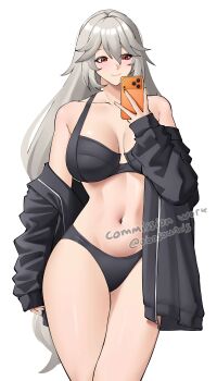 1girl absurdres alexandrina_sebastiane alternate_costume bare_shoulders black_bra black_jacket black_panties blush bra breasts closed_mouth collarbone commentary commission cowboy_shot english_commentary grey_hair hair_between_eyes highres holding holding_phone jacket jacket_partially_removed large_breasts long_hair navel obosounds panties phone red_eyes selfie simple_background solo stomach twitter_username underwear very_long_hair white_background zenless_zone_zero