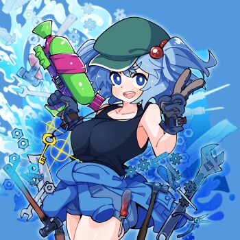 1girl armpits black_tank_top blue_eyes blue_hair blue_overalls blush breasts bright_pupils collarbone gears gloves gram_9 hammer hat highres kawashiro_nitori large_breasts medium_hair overalls parted_lips smile solo splattershot_(splatoon) tank_top teeth thighs touhou two_side_up v water white_pupils wrench