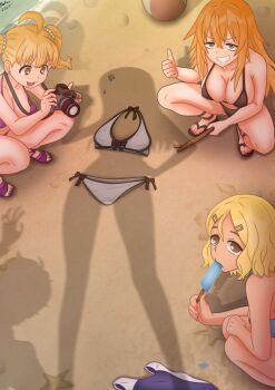 1boy 4girls absurdres beach bikini blonde_hair breasts brown_eyes camera dressed_shadow_(meme) earclip food gamou_maki hachiouji_naoto hair_ornament hand_on_own_hip highres holding holding_phone ice_cream ijiranaide_nagatoro-san implied_nudity kaschmatz long_hair meme multiple_girls nagatoro_hayase orange_eyes orange_hair phone sakura_(nagatoro) sand shadow short_hair silhouette standing swimsuit tagme thumbs_up unworn_bikini unworn_bikini_bottom unworn_bikini_top unworn_clothes water yoshi_(nagatoro)