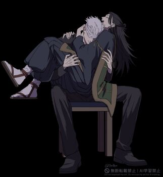 2boys 7xxbpu arm_around_neck arm_around_shoulder bandages bandages_over_eyes black_background black_hair black_jacket black_shoes closed_eyes full_body getou_suguru gojou_satoru grey_hair hair_bun half_updo highres jacket japanese_clothes jujutsu_kaisen jujutsu_tech_uniform laughing male_focus multiple_boys open_mouth plug_(piercing) sandals shoes short_hair sitting smile socks twitter_username white_socks yaoi