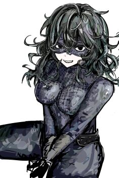 1girl black_eyes boku_no_hero_academia breasts commentary_request eye_mask green_hair highres large_breasts mask medium_hair purple_mask sharp_teeth simple_background smile solo teeth tight_clothes tokage_setsuna white_background