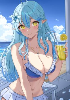 1girl absurdres ahoge aqua_hair aqua_nails bare_arms bare_shoulders bikini blue_bikini blush breasts cleavage closed_mouth cloud cloudy_sky collarbone commentary_request cup drinking_straw fingernails food frilled_bikini frills fruit glass hair_between_eyes hair_ornament heart heart_ahoge highres holding holding_cup hololive large_breasts lemon lemon_slice lemonade long_hair looking_at_viewer nail_polish navel sky smile solo stomach swimsuit udonpan very_long_hair yellow_eyes yukihana_lamy