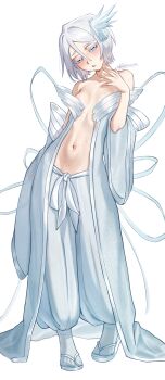 1girl artist_name bankai bare_shoulders bleach bleach:_sennen_kessen-hen blue_eyes breasts collarbone female_focus hair_ornament hakka_no_togame_(bankai) highres holding holding_sword holding_weapon kuchiki_rukia light_blush navel official_alternate_costume paid_reward_available sandals simple_background small_breasts solo solo_focus standing stomach sweat sword waligner weapon white_background white_hair zanpakutou