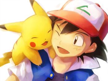 1boy ash_ketchum baseball_cap black_hair brown_eyes closed_eyes commentary_request gen_1_pokemon hat isumimax looking_to_the_side male_focus nintendo on_shoulder one_eye_closed open_mouth pikachu pokemon pokemon_(anime) pokemon_(classic_anime) pokemon_(creature) pokemon_on_shoulder portrait short_hair short_sleeves smile