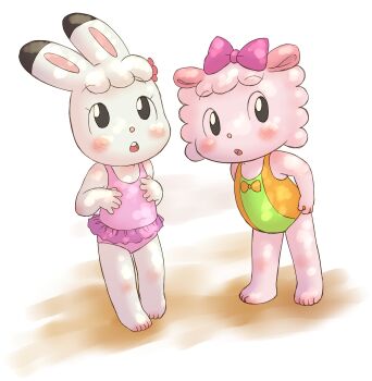 2girls animal animal_ears barefoot black_eyes blush bow flat_chest flower furry hair_bow hair_flower hair_ornament hands_on_own_chest leaning_forward loli looking_up makiba_ramurin midorihara_mimirin multiple_girls one-piece_swimsuit open_mouth orange_bow orange_one-piece_swimsuit pink_bow pink_flower pink_fur pink_one-piece_swimsuit rabbit rabbit_ears rabbit_girl sheep sheep_ears sheep_girl shima_shima_tora_no_shimajirou standing swimsuit swimsuit_skirt white_fur yamanokonza