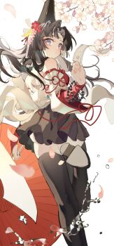 1girl absurdres ass bare_shoulders bead_bracelet beads blush bracelet brown_hair closed_mouth dress flower from_behind from_below hair_flower hair_ornament hat highres ibex jewelry leg_up long_hair looking_back miniskirt skirt solo splashing strapless strapless_dress talisman tate_eboshi thighhighs tsuchimikado_kurumi_(yong_jie_wujian) yong_jie_wujian