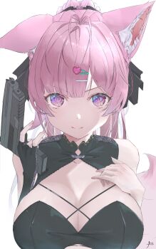 1girl absurdres animal_ears antenna_hair black_dress black_gloves black_ribbon braid breasts cleavage closed_mouth collarbone commentary dress fangs fingerless_gloves fingernails gloves gun hair_ornament hair_ribbon hairclip hakui_koyori heart heart_hair_ornament high_ponytail highres holding holding_gun holding_weapon hololive large_breasts long_hair looking_at_viewer mire2a nail_polish pink_eyes pink_hair pink_nails ponytail ribbon signature simple_background single_glove skin_fangs smile solo tail virtual_youtuber weapon white_background wolf_ears wolf_girl wolf_tail