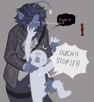 1boy 1girl 1other anglerfish_boy ascot biting biting_another&#039;s_finger bleeding blood blue_hair blue_skin coat colored_skin english_text extra_arms extra_eyes fins grabbing_another&#039;s_arm grey_background grey_coat head_fins highres imaginary_friend_(pressure) injury leg_grab marinaneko5 merman monster_boy pressure_(roblox) roblox sebastian_solace short_hair simple_background