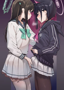airi_(blue_archive) animal_ears black_hair black_jacket blue_archive brown_pantyhose bulge cat_ears clenched_teeth colored_inner_hair commentary_request cover erection erection_under_clothes from_side futa_with_female futanari green_eyes green_halo halo highres hood hood_down hooded_jacket jacket kazusa_(blue_archive) long_hair long_sleeves looking_at_another multicolored_hair pantyhose pink_hair pink_halo pleated_skirt shirt skirt teeth thighhighs uno_ryoku white_shirt white_skirt white_thighhighs