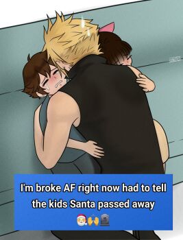 1girl 2boys absurdres artist_name azezazel bare_shoulders black_pants black_shirt blonde_hair blush brown_hair christmas closed_eyes cloud_strife crying denzel_(ff7) emoji english_text final_fantasy final_fantasy_vii final_fantasy_vii:_advent_children from_behind highres hug marlene_wallace multiple_boys pants parted_lips shirt short sitting sleeveless sleeveless_shirt spiked_hair sweatdrop tears twitter_username