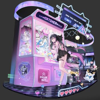 1girl absurdres ahoge arcade arcade_cabinet black_bow black_hair black_skirt blue_eyes blush bow breasts chap_sal_! colored_inner_hair crane_game cursor english_text frilled_socks frills gashapon hair_between_eyes hair_bow hair_ornament heart heart_ahoge heart_hair_ornament highres jirai_kei large_breasts long_hair long_sleeves looking_at_viewer mary_janes miniskirt multicolored_hair off-shoulder_shirt off_shoulder official_art open_mouth otonashi_ikuko_(riichi_city) pink_hair pink_shirt platform_footwear riichi_city shirt shoes skirt smile socks streaked_hair stuffed_animal stuffed_toy suspender_skirt suspenders thigh_strap twintails very_long_hair white_socks x_hair_ornament