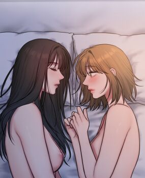 Rule 34 | bad thinking diary, black hair, breasts, brown eyes, brown hair, closed eyes, highres, kang yuna (bad thinking diary), kim minji (bad thinking diary), long hair, nipples, nude, on bed, rangrarii, short hair, yuri