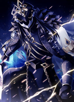 1boy absurdres black_coat black_gloves black_hair black_helmet cape capitano_(genshin_impact) clenched_hand coat commentary_request electricity feet_out_of_frame genshin_impact gloves helmet highres long_hair long_sleeves male_focus outstretched_arm sleeve_cuffs solo uouzzz white_cape