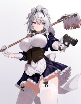 1girl apron back_bow blood blue_eyes bow braid breasts brown_corset closed_mouth commentary_request corset cowboy_shot dress garter_straps gloves green_bow greenkohgen grey_background grey_hair gun h&amp;k_p30 hair_bow handgun highres holding holding_mop izayoi_sakuya large_breasts long_hair long_sleeves maid maid_headdress mop over_shoulder purple_dress short_dress solo thighhighs thighs touhou twin_braids waist_apron weapon white_bow white_gloves white_thighhighs
