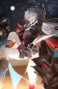 1girl :d absurdres aerial_fireworks aiguillette animal_ears aqua_eyes arknights black_boots black_cape black_gloves boots cape commentary fireworks full_moon gloves grey_hair hair_between_eyes hair_ornament hairclip highres holding knee_boots knee_up lappland_(arknights) lappland_the_decadenza_(arknights) long_hair long_sleeves moon nianamo61 night open_mouth outdoors red_cape scar scar_across_eye scar_on_face shin_strap smile solo teeth twitter_username two-sided_cape two-sided_fabric upper_teeth_only watermark wolf_ears wolf_girl