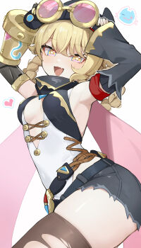 1girl :d adjusting_eyewear armpits arms_up black_shorts blonde_hair braid breasts brown_thighhighs commentary_request cowboy_shot genshin_impact goggles goggles_on_head heart highres jahoda_(genshin_impact) looking_at_viewer mechanical_arms open_mouth pink-tinted_eyewear prosthesis prosthetic_arm shorts simple_background single_mechanical_arm smile solo star-shaped_pupils star_(symbol) symbol-shaped_pupils thighhighs tinted_eyewear torn_clothes torn_thighhighs ura_(hamburg_oniku) white_background yellow_eyes
