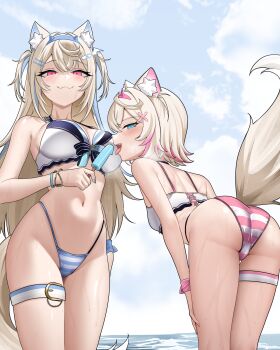 2girls :3 absurdres animal_ears ass bandaid bandaid_hair_ornament bent_over bikini blonde_hair blue_bikini blue_eyes blue_hair blue_hairband blue_nails blue_sky bracelet breasts cameltoe closed_mouth commentary crossed_bangs day dog_ears dog_girl dog_tail double-parted_bangs fake_horns food front-tie_bikini_top front-tie_top fuwawa_abyssgard hair_between_eyes hair_intakes hair_ornament hairband hairclip highleg highleg_bikini highres holding holding_food holding_popsicle hololive hololive_english hololive_summer_2023_swimsuit horn_hairband horns jewelry large_breasts long_hair mococo_abyssgard multicolored_hair multiple_girls nail_polish navel ocean official_alternate_costume open_mouth outdoors parallel_hairclips pink_bikini pink_eyes pink_hair pink_hairband popsicle raikkonen revision short_hair siblings sisters sky small_breasts stomach streaked_hair striped_bikini striped_clothes swimsuit tail thigh_strap tongue tongue_out twins two_side_up virtual_youtuber white_bikini x_hair_ornament