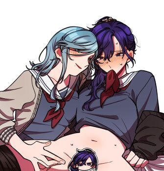 2girls 3s3677804311973 after_fingering asahina_mafuyu black_cardigan blue_hair blush bottomless brown_cardigan cardigan censored character_censor clothes_pull commentary_request grey_shirt highres hinomori_shizuku long_hair mole mole_under_mouth multiple_girls neckerchief_in_mouth necktie novelty_censor pantyhose pantyhose_pull parted_lips project_sekai purple_eyes purple_hair pussy_juice pussy_juice_on_fingers red_necktie sailor_collar school_uniform serafuku shirt simple_background smile white_background white_sailor_collar yuri