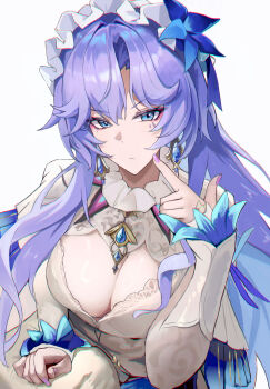 1girl a-chuang absurdres blue_eyes blue_flower blue_hair breasts cantarella_(wuthering_waves) chromatic_aberration cleavage closed_mouth colored_inner_hair commentary dress facial_mark fingernails flower hair_flower hair_ornament headdress highres large_breasts long_hair long_sleeves looking_at_viewer mark_under_eye mole mole_under_eye multicolored_hair nail_polish purple_hair purple_nails shrug_(clothing) simple_background solo upper_body white_background white_dress white_shrug wuthering_waves