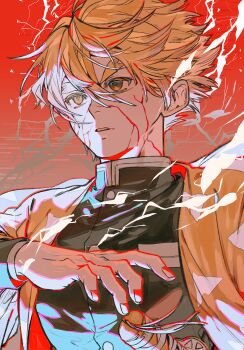 1boy agatsuma_zenitsu black_jacket blonde_hair blood fingernails haori high_collar highres ikaooi1 jacket japanese_clothes katana kimetsu_no_yaiba male_focus parted_lips red_background short_hair solo spiked_hair sword teeth triangle_print upper_body weapon yellow_eyes yellow_haori
