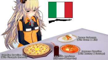 1girl 3d blonde_hair bow bowtie carbonara_(food) coffee cup disappointed drinking_glass drinking_straw english_text espresso_(drink) fabarm_sat-8 food fruit girls&#039;_frontline hawaiian_pizza highres ice ice_cube italian_flag italian_flag_neckwear ketchup long_hair ntka pasta pineapple pineapple_on_pizza pizza plate s.a.t.8_(girls&#039;_frontline) sausage simple_background solo spaghetti striped_bow striped_bowtie striped_clothes very_long_hair white_background