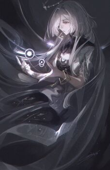 1girl absurdres breasts commentary dated dress earrings eyes_visible_through_hair from_side halo hands_up highres jacket jewelry limited_palette long_hair mornye_(wuthering_waves) parted_lips prosthesis prosthetic_leg purple_dress red_eyes signature small_breasts solo steve_zheng symbol-only_commentary triangle_earrings very_long_hair white_jacket wuthering_waves