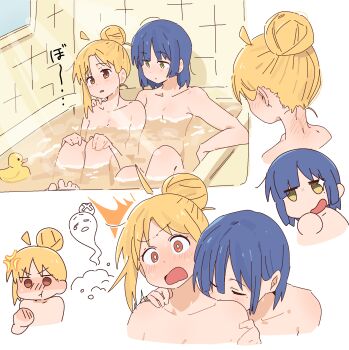 2girls ahoge anger_vein angry bath bathing bathtub blonde_hair blue_hair blush bob_cut bocchi_the_rock! breasts brown_eyes clenched_hand closed_eyes closed_mouth collarbone commentary completely_nude couple embarrassed expressionless eyebrows_hidden_by_hair female_pervert from_behind hair_bun hair_up hand_on_another's_shoulder hand_up hands_on_own_knees head_down head_tilt highres ijichi_nijika in_bathtub indoors kiss kissing_back looking_at_another mole mole_under_eye multiple_girls multiple_views neck nude open_mouth parted_lips pervert red_eyes rubber_duck same-sex_bathing sequential shared_bathing short_hair shy simple_background sitting small_breasts smile sparkle surprised toes upper_body water wet white_background wichimi yamada_ryo yellow_eyes yuri