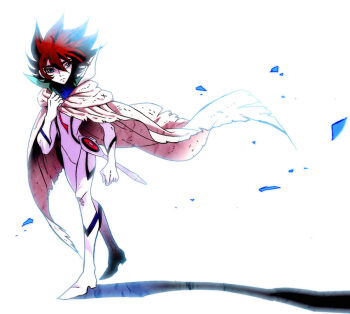 1boy akira-riku blue_eyes bodysuit brown_hair casshern casshern_(series) casshern_sins cloak closed_mouth commentary_request expressionless full_body hair_between_eyes long_bangs looking_afar looking_to_the_side male_focus popped_collar short_hair simple_background solo spiked_hair walking white_background white_bodysuit white_cloak wind