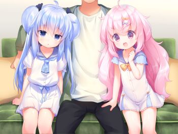 2girls ahoge black_pants blue_bow blue_eyes blue_hair blue_necktie blue_sailor_collar blush bow bowtie buttons collarbone couch double_bun feet_out_of_frame game_cg hair_bow hair_bun hand_up harem_futago_lolita head_out_of_frame large_variant_set loli long_hair multiple_girls necktie non-web_source open_mouth pants pillow pink_eyes pink_hair pleated_skirt sailor_collar shirt short_sleeves siblings sisters sitting skirt sunao_(harem_futago_lolita) tomari_(harem_futago_lolita) twins usashiro_mani v-shaped_eyebrows variant_set white_shirt white_skirt yellow_bow yellow_bowtie