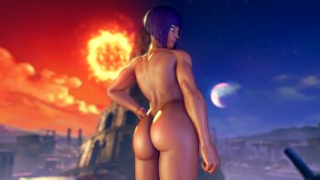 1girl 3d absurdres ass back breasts capcom completely_nude dark-skinned_female dark_skin female_focus from_behind game_screenshot highres hip_focus huge_ass menat nude purple_hair shiny_skin short_hair sky smile solo standing street_fighter street_fighter_v thick_thighs thighs upper_body