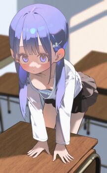 1girl black_skirt breasts classroom desk downblouse hair_ornament hayakawa_sena_(pei_iriya) highres indoors long_hair original pei_iriya school_desk shirt skirt small_breasts solo white_shirt