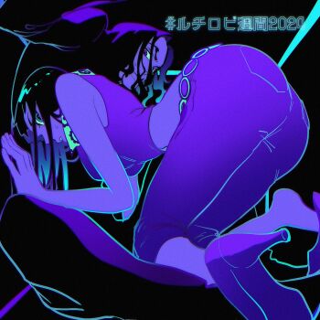 1boy 1girl 2024 aqua_eyes ass bare_arms bare_shoulders black_background black_hair black_suit breasts capri_pants cramped crop_top cropped_jacket expressionless feet_out_of_frame foreshortening formal_clothes full_body high_heels highres hisarakanoi jacket kneeling looking_at_viewer medium_breasts medium_hair midriff narrow_waist neon_palette nico_robin nico_robin_(sabaody) no_socks official_alternate_costume one_piece pants parted_lips perspective purple_eyes purple_footwear purple_jacket purple_pants purple_theme rob_lucci shoe_dangle shorts stuck stuck_in_a_box suit sweat sweatdrop translation_request v-shaped_eyebrows