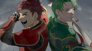 2boys 91007 armor closed_eyes closed_mouth commentary_request fire_emblem fire_emblem:_path_of_radiance green_armor greyscale holding holding_polearm holding_weapon kieran_(fire_emblem) monochrome multiple_boys nintendo open_mouth oscar_(fire_emblem) polearm red_armor red_hair weapon