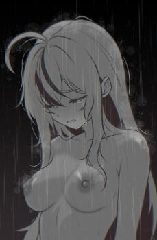 2025 absurdres anb_(anb_draws) breasts closed_eyes completely_nude crying dark_background highres monochrome nude original rain tearing_up tears white_hair