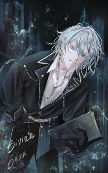 1boy ajsaart black_coat black_gloves blue_eyes book building coat collared_shirt cowboy_shot gloves hair_between_eyes hand_in_pocket hashtag-only_commentary holding holding_book jewelry lapel_chain leaning_forward light_particles looking_at_viewer male_focus night original pendant shirt smirk solo white_hair white_shirt