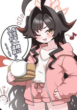 1boy 1girl :3 ahoge black_hair blue_archive brown_eyes collarbone commentary_request cowboy_shot demon_girl demon_horns doodle_sensei_(blue_archive) eighth_note fang flat_chest hair_intakes halo highres holding horns jacket kasumi_(blue_archive) long_hair long_sleeves musical_note notice_lines official_alternate_costume one_eye_closed open_mouth pink_jacket pink_shorts red_halo red_horns sensei_(blue_archive) shorts simple_background sleeves_past_wrists solo_focus speech_bubble spoken_musical_note tomimon translation_request very_long_hair white_background