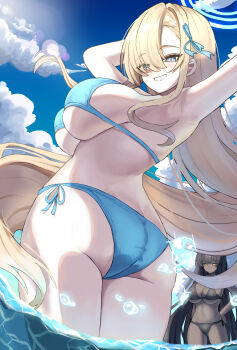 2girls absurdres arm_up armpits ass asuna_(blue_archive) bikini black_bikini black_hair blonde_hair blue_archive blue_bikini blue_eyes blue_halo blush breasts cleavage commentary fahufahu grin groin hair_over_one_eye hair_ribbon halo highres karin_(blue_archive) large_breasts long_hair looking_at_viewer multiple_girls navel partially_submerged ribbon smile swimsuit thighs underboob very_long_hair yellow_eyes