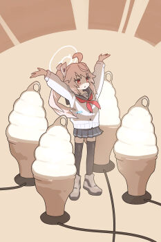 Rule 34 | 1girl, \o/, absurdres, ahoge, arms up, black sailor collar, black skirt, black thighhighs, blue archive, cardigan, chestnut mouth, food, full body, grey shoes, hair ornament, halo, highres, ice cream, long hair, miniskirt, natsu (blue archive), neckerchief, outstretched arms, pink hair, pleated skirt, red eyes, red neckerchief, sailor collar, shimotsu., shoes, side ponytail, skirt, solo, standing, thighhighs, v-shaped eyebrows, white cardigan, zettai ryouiki