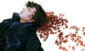 1boy black_coat black_hair black_scarf blue_eyes coat curly_hair curtained_hair expressionless from_side highres implied_injury jigsaw_puzzle lno408 lying male_focus on_back parted_lips profile puzzle puzzle_piece scarf sherlock_(bbc) sherlock_holmes_(sherlock) short_hair simple_background solo symbolism white_background winter_clothes winter_coat