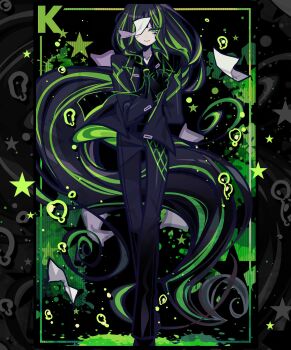 1girl alfonso_(project_moon) anzu_(anzuhan) barcode barcode_tattoo black_gloves black_hair black_necktie black_pants black_shirt collared_shirt full_body gloves green_eyes green_streaks highres jacket limbus_company long_hair looking_at_viewer multicolored_hair necktie pants project_moon shirt smile solo streaked_hair tattoo very_long_hair