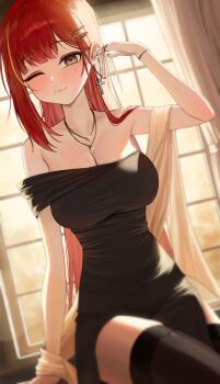 Rule 34 | 1girl, absurdres, akane lize, black dress, breasts, cleavage, closed mouth, cowboy shot, cross, cross earrings, day, dress, dutch angle, earrings, grey eyes, hair ornament, hairclip, hand up, hashtag-only commentary, highres, indoors, jewelry, large breasts, long hair, mole, mole under eye, multicolored hair, one eye closed, parted bangs, poppo myupunk98, red hair, shawl, sleeveless, sleeveless dress, solo, stellive, straight hair, streaked hair, very long hair, virtual youtuber