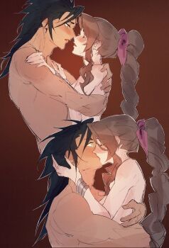 1boy 1girl absurdres aerith_gainsborough black_hair blue_eyes blush braid braided_ponytail brown_hair couple final_fantasy final_fantasy_vii final_fantasy_vii_remake french_kiss from_side hand_on_another&#039;s_back hand_on_another&#039;s_head hands_on_another&#039;s_chest hetero highres hug kiss long_hair nude origussy red_background simple_background single_braid zack_fair