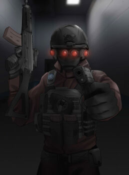 1boy absurdres aiming aiming_at_viewer ayou_(aukuamani) combat_helmet gun handgun helmet highres holding holding_gun holding_weapon kalashnikov_rifle looking_at_viewer military_combat_uniform military_uniform night_vision_device original soldier solo weapon