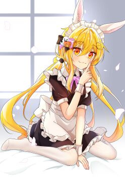 1girl absurdres animal_ears blonde_hair highres index_finger_raised kantai_collection maid natsu_chiki pantyhose rabbit_ears satsuki_(kancolle) sitting solo twintails wariza white_pantyhose yellow_eyes